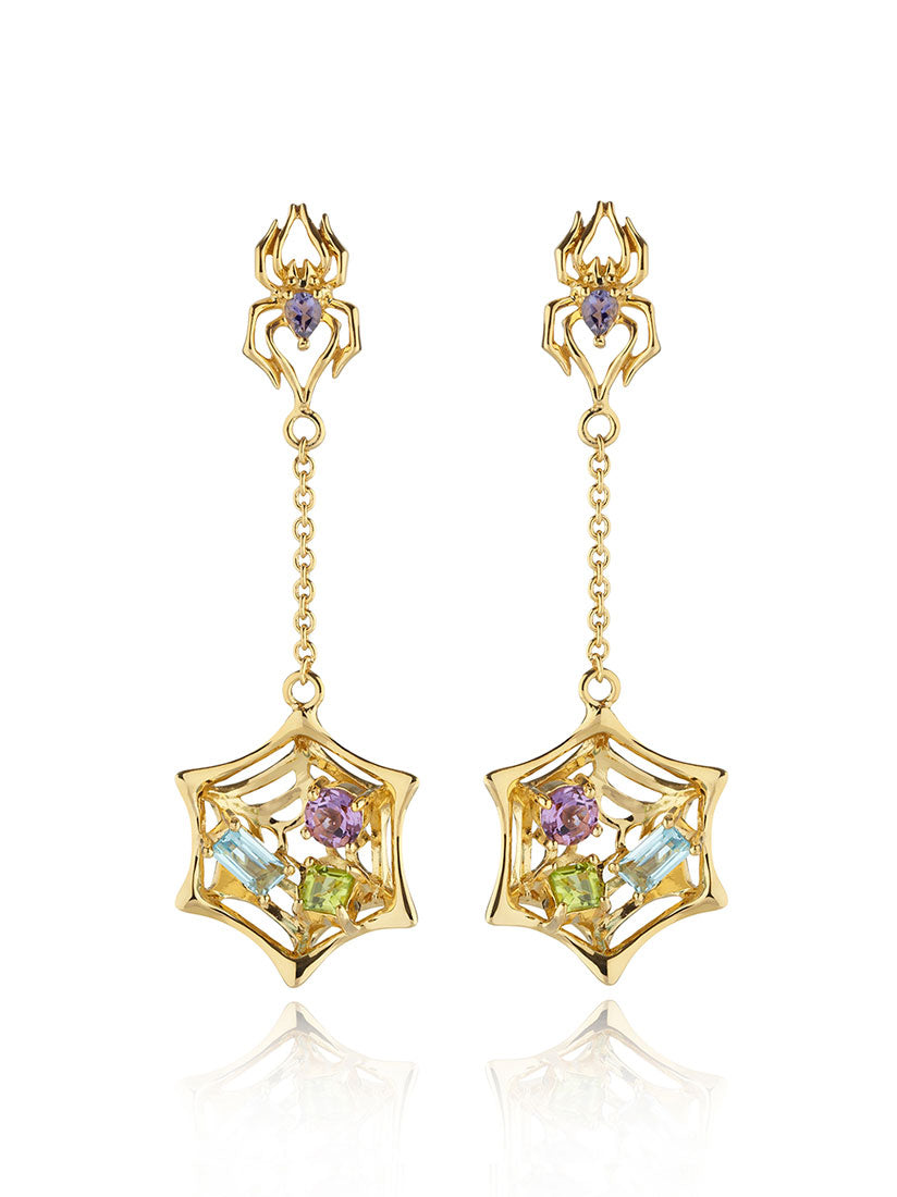 Anansi Gold Earrings With Iolite, Blue Topaz, Amethyst and Peridot