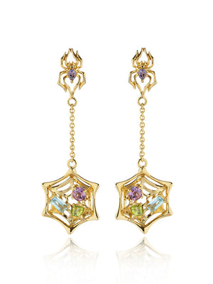 Anansi Gold Earrings With Iolite, Blue Topaz, Amethyst and Peridot