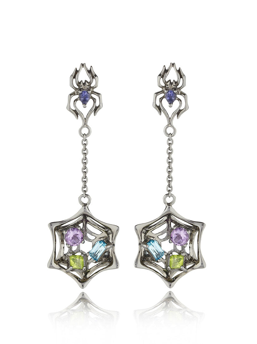 Anansi Ruthenium Earrings With Iolite, Blue Topaz, Amethyst and Peridot