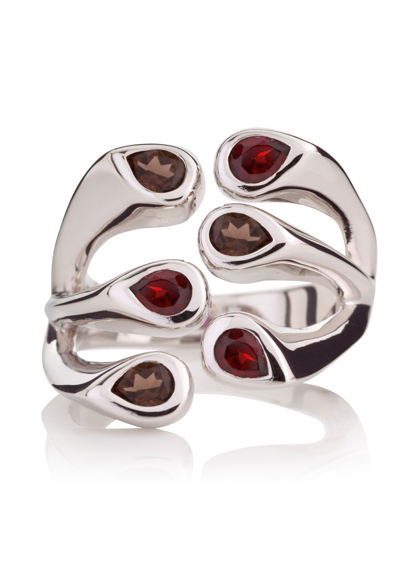 Embrace Silver Ring With Garnet and  Smoky Quartz