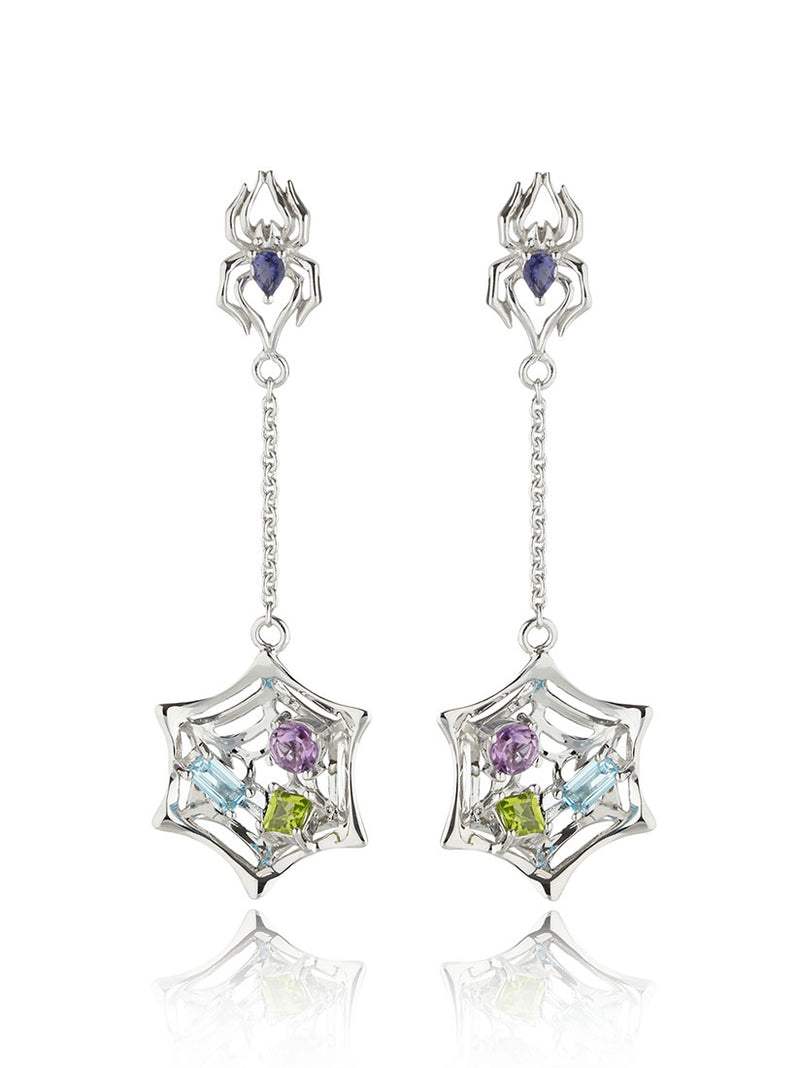 Anansi Rhodium Earrings With Iolite, Blue Topaz, Amethyst and Peridot