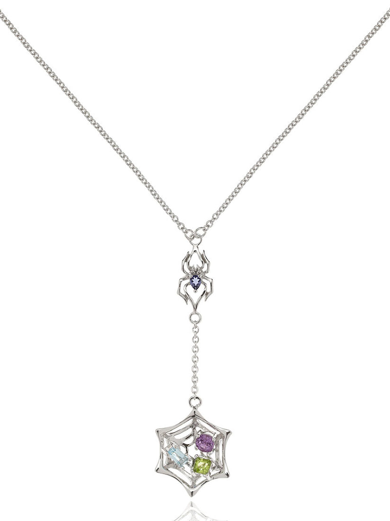 Anansi Rhodium Necklace With Iolite, Blue Topaz, Amethyst and Peridot