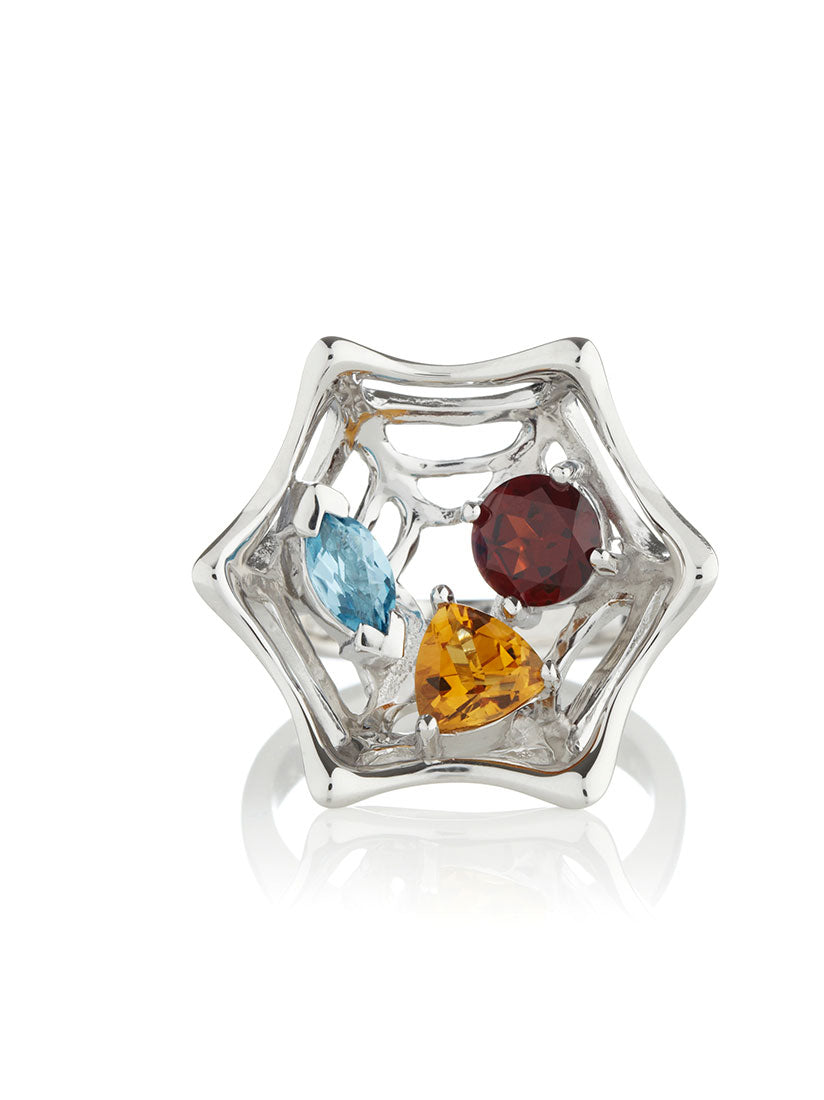Anansi Silver Ring With Garnet, Blue Topaz and Citrine