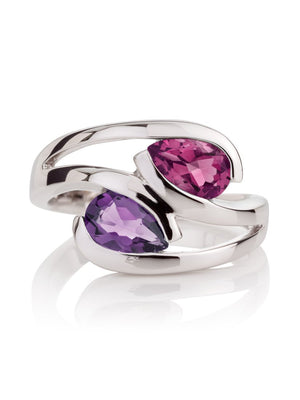 Love Birds Silver Ring With Amethyst And Rhodolite