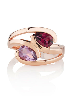 Love Birds Rose Gold  Ring with Amethyst and  Rhodolite