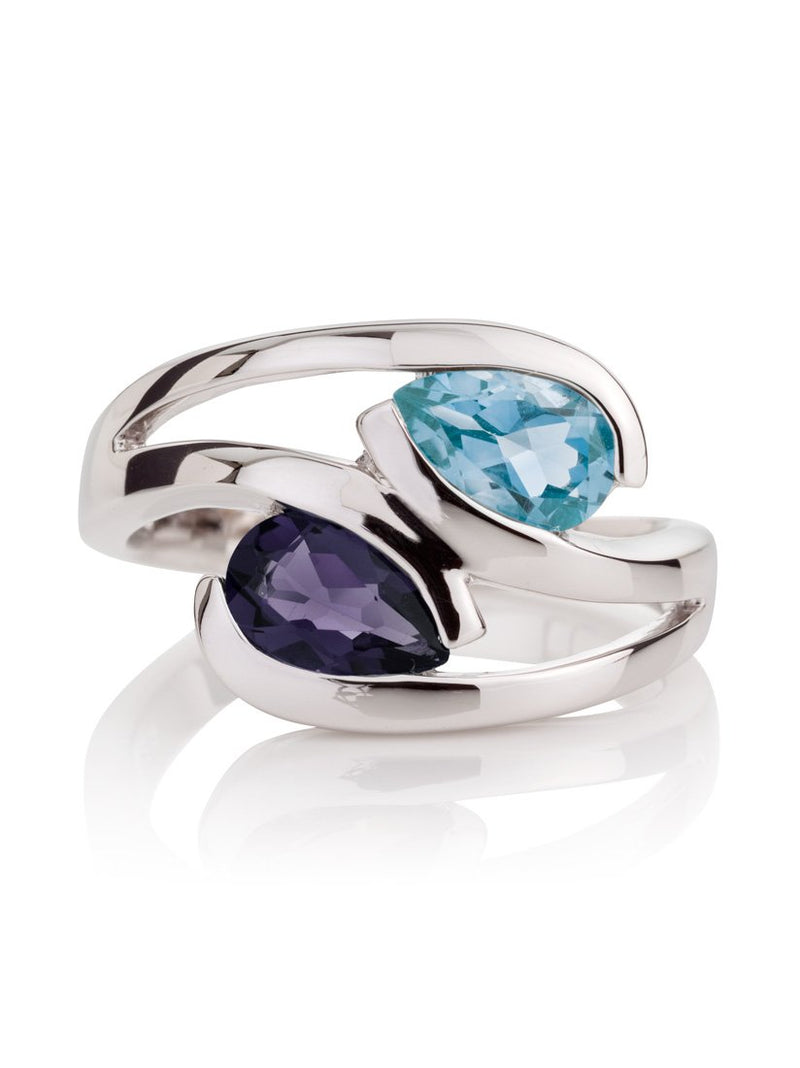 Love Birds Silver Ring with Blue Topaz and Iolite