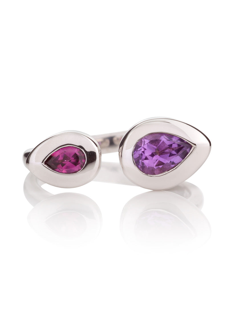 Toi et Moi Silver Ring  with Amethyst and  Rhodolite